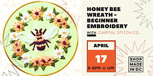 Imagen principal de Honey Bee Wreath - Beginner Embroidery Class w/Capital Stitch Co.