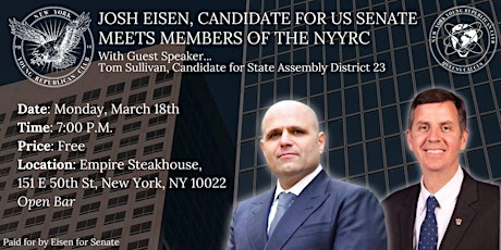 Primaire afbeelding van Josh Eisen, Candidate for US Senate, Meets Members of the NYYRC!