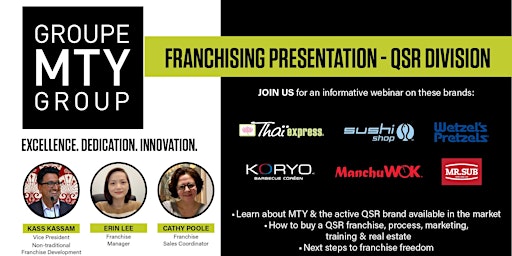 Image principale de Franchise Restaurant Information Webinar By MTY Group (May 2024) 5:30pm