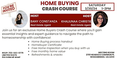 Primaire afbeelding van Home Buying Crash Course, Saturday March 30th 1-2PM Woodbridge VA