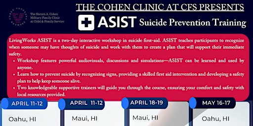 Imagem principal de The Cohen Clinic presents ASIST Suicide Prevention Trainings OAHU