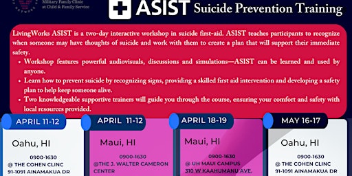 Primaire afbeelding van The Cohen Clinic presents ASIST Suicide Prevention Training Maui