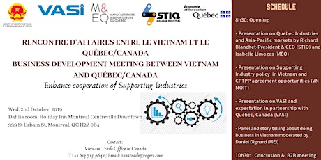 Rencontre d’Affaires entre le Vietnam et le Québec/Canada Business Development meeting between Vietnam and Québec/Canada      Enhance cooperation of Supporting Industry primary image