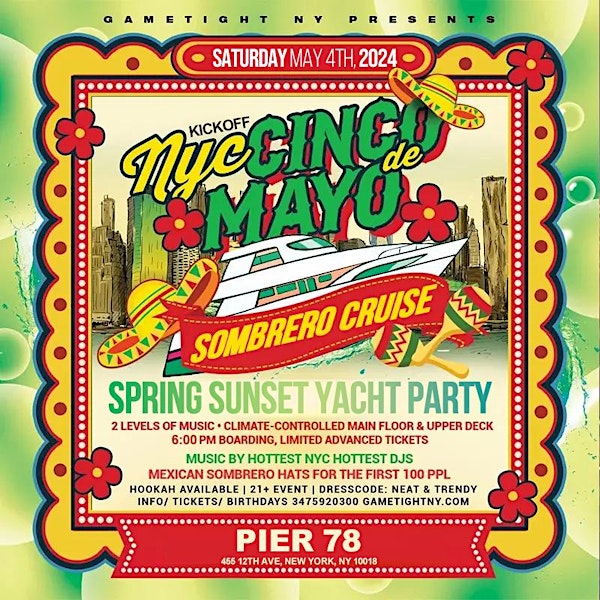 NYC Cinco de Mayo Kickoff Saturday Sunset Majestic Yacht Party Cruise 2024