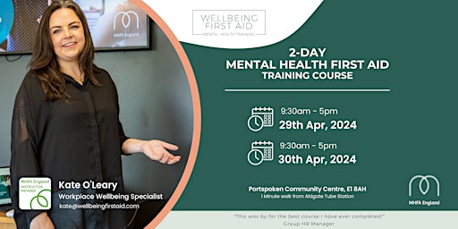 Primaire afbeelding van MENTAL HEALTH FIRST AID (MHFAider®) 2-DAY COURSE IN PERSON, EAST LONDON