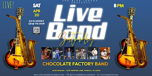 Imagen principal de The Chocolate Factory Band LIVE!!! @ The Blue Iguana, Fairfax, VA!!!