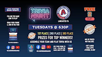 Primaire afbeelding van Trivia Night | Arooga's - Lancaster PA - TUE 630p - @LeaderboardGames