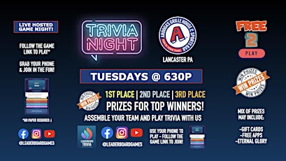 Trivia Night | Arooga's - Lancaster PA - TUE 630p - @LeaderboardGames