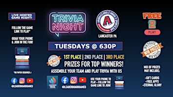 Imagem principal de Trivia Night | Arooga's - Lancaster PA - TUE 630p - @LeaderboardGames