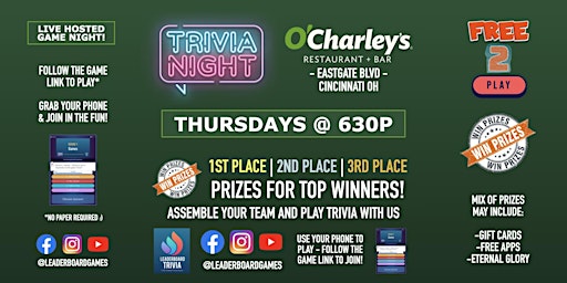 Primaire afbeelding van Trivia Night | O'Charley's - Cincinnati OH - THUR 630p - @LeaderboardGames