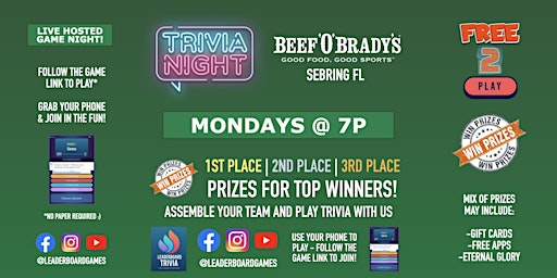Imagem principal do evento Trivia Night | Beef 'O' Brady's - Sebring FL - MON 7p @LeaderboardGames