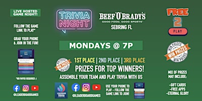 Primaire afbeelding van Trivia Night | Beef 'O' Brady's - Sebring FL - MON 7p @LeaderboardGames