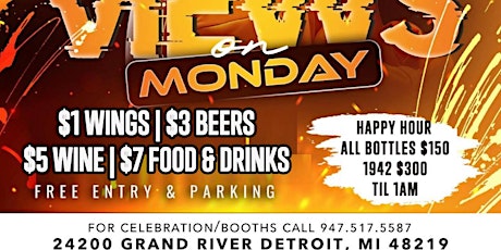 VIEWS ON MONDAYS HAPPY HOUR, FREE ENTRY, PARKING, $1 WINGS, $3 BEER $5 WINE