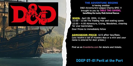 Primaire afbeelding van D&D EPIC Event Peril at the Port @ The Adventure Begins