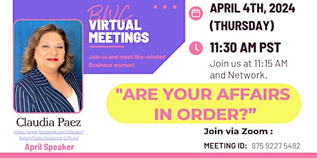 Get Your Life on Track: Join the BWC Virtual Meeting for Affairs in Order!