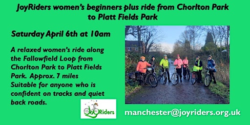 Primaire afbeelding van JoyRiders women's  Beginners Plus ride from Chorlton Park to Platt Fields