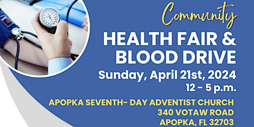 Primaire afbeelding van FREE Community Health Fair & Blood Drive - Apopka SDA Church/Advent Health