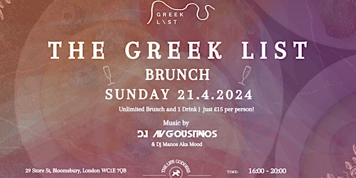 The Greek List Brunch party at Life Goddess Store St  Sun 21/4(16:00-20:00) primary image
