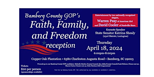 Imagen principal de Bamberg County GOP's Faith, Family, and Freedom reception