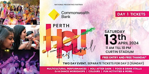 Image principale de Holi Festival Perth - 13th April 2024 - FREE Entry & Thandai**