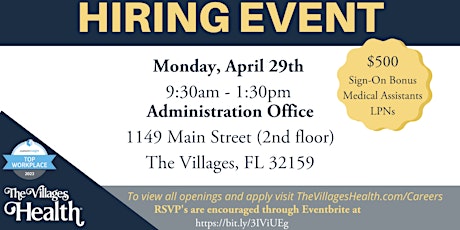 The Villages Health Hiring Event - April 29th