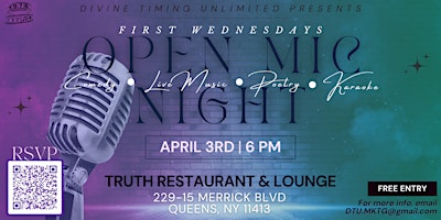 Image principale de DTU Open Mic Night (21+) FIRST WEDNESDAYS AT TRUTH RESTAURANT & LOUNGE