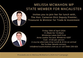 Primaire afbeelding van Lunch Fundraiser for Melissa McMahon MP - State Member for Macalister