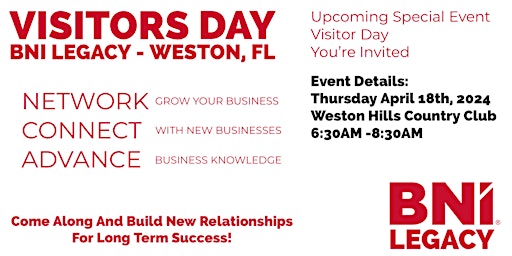 BNI Legacy Exclusive In-Person Visitors Day @ Weston Hills Country Club primary image