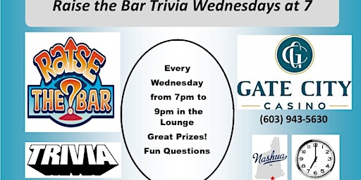 Primaire afbeelding van Raise the Bar Trivia Wednesdays at Gate City Casino Lounge Nashua
