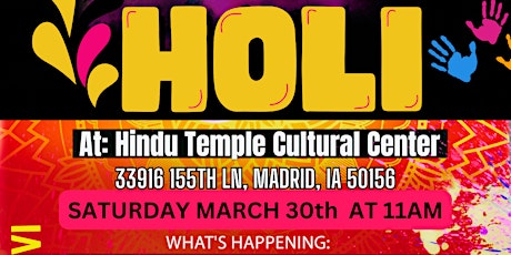 HTCC invites you to Holi Celebrations Now Sat March 30th 11:00 AM primary image