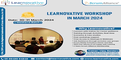 Imagem principal de CSM Certification Online Training | March 30-31, 2024 - Learnovative