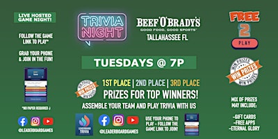 Imagem principal de Trivia Night | Beef 'O' Brady's - Tallahassee FL - TUE 7p @LeaderboardGames
