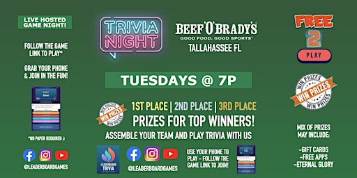 Immagine principale di Trivia Night | Beef 'O' Brady's - Tallahassee FL - TUE 7p @LeaderboardGames 