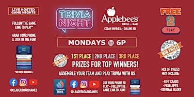 Primaire afbeelding van Trivia Night | Applebee's Grill + Bar - Collins Rd Cedar Rapids IA - MON 6p