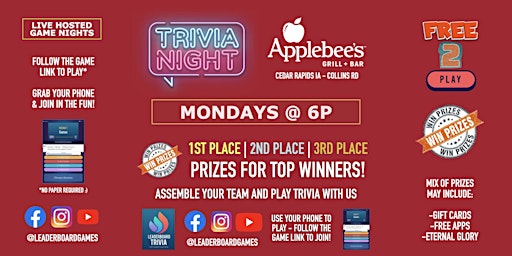 Primaire afbeelding van Trivia Night | Applebee's Grill + Bar - Collins Rd Cedar Rapids IA - MON 6p