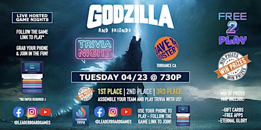 Immagine principale di GODZILLA Trivia Night | Dave & Buster's - Torrance CA - TUE 04/23 at 730p 