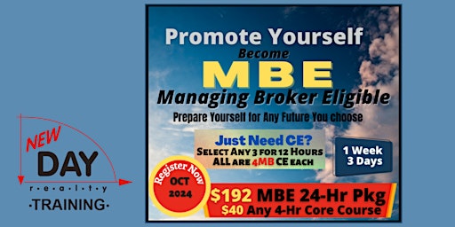 LIVE/Online MBE24 Core Managing Broker Eligible Qualify & Broker Review CE