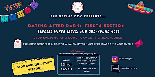 Image principale de Dating After Dark: Fiesta  Singles Mixer (Ages:  Mid 20s-Young 40s)
