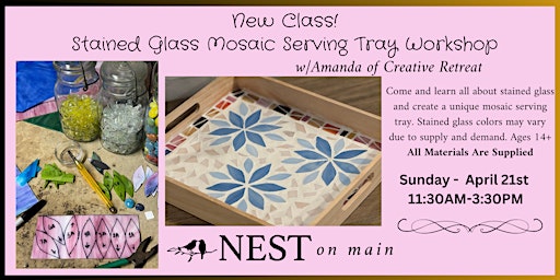 Imagen principal de NEW! Stained Glass Mosaic Serving Tray Workshop w/Amanda-Creative Retreat