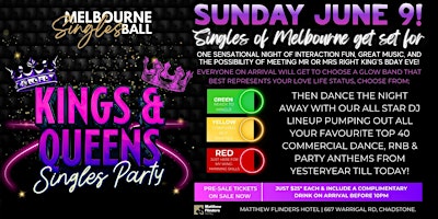 Imagem principal do evento Kings & Queens Singles Party at Matthew Flinders Hotel, Chadstone!