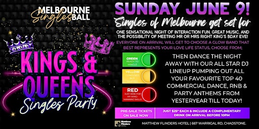 Imagen principal de Kings & Queens Singles Party at Matthew Flinders Hotel, Chadstone!