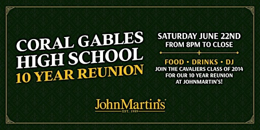 Primaire afbeelding van Coral Gables Class of 2014 Reunion at JohnMartin's