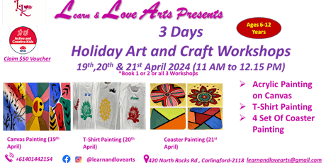Holiday Art & Craft Workshops- Canvas, T-Shirt , Wooden Coaster Painting