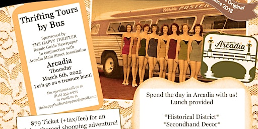 Thrifting Tours by Bus- Arcadia- March 6th 2025-Antiques-Treasure Hunt $79