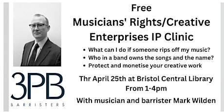 Primaire afbeelding van Free Musicians' Rights/Creative Enterprises  Clinics with IP  Barrister
