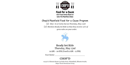 Primaire afbeelding van Food for a Cause - Ready Set Ride - Thursday May 23rd