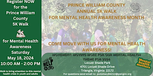 Primaire afbeelding van 4th Annual Prince William County 5K  Walk for Mental Health Awareness Month