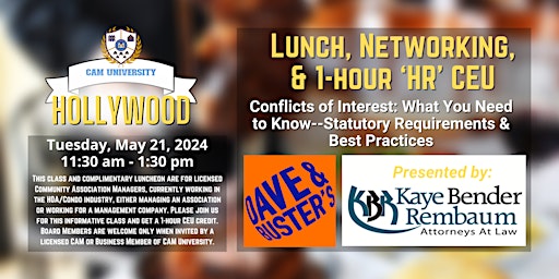 Imagen principal de CAM U BROWARD COUNTY Complimentary Lunch and 1-Hr  CEU at Dave and Busters