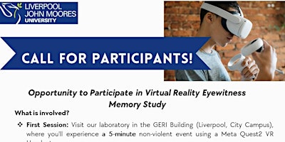 Imagem principal do evento Opportunity to Participate in Virtual Reality Eyewitness Memory Study (£15 Amazon Voucher)