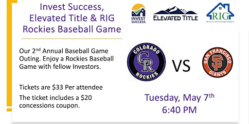 Image principale de Invest Success, Elevated Title & RIG Night at the Rockies vs Giants